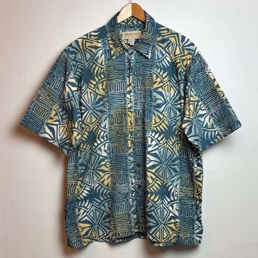 Johari‎ West Hawaiian Men’s Short Sleeve Cotton Batik Shirt Geometric Forest XL